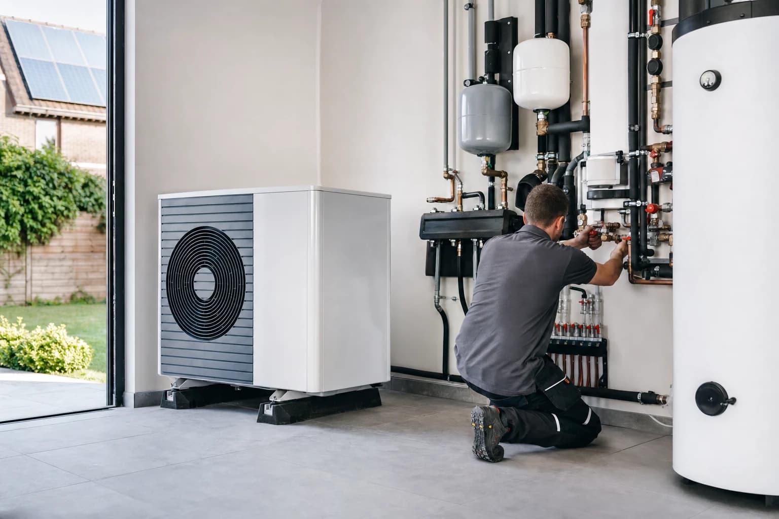 Technieker aan het werk aan een warmtepomp en verwarmingsinstallatie in een woning